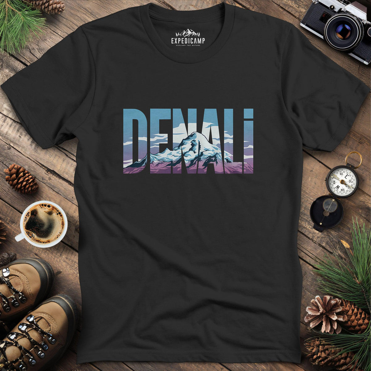 Denali Mountain T-Shirt – Black – Outdoor apparel for travel, hiking, camping, and nature lovers – ExpediCamp