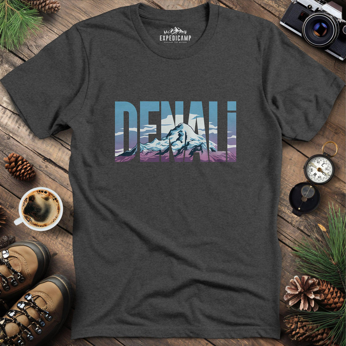 Denali Mountain T-Shirt – Dark Heather – Outdoor apparel for travel, hiking, camping, and nature lovers – ExpediCamp