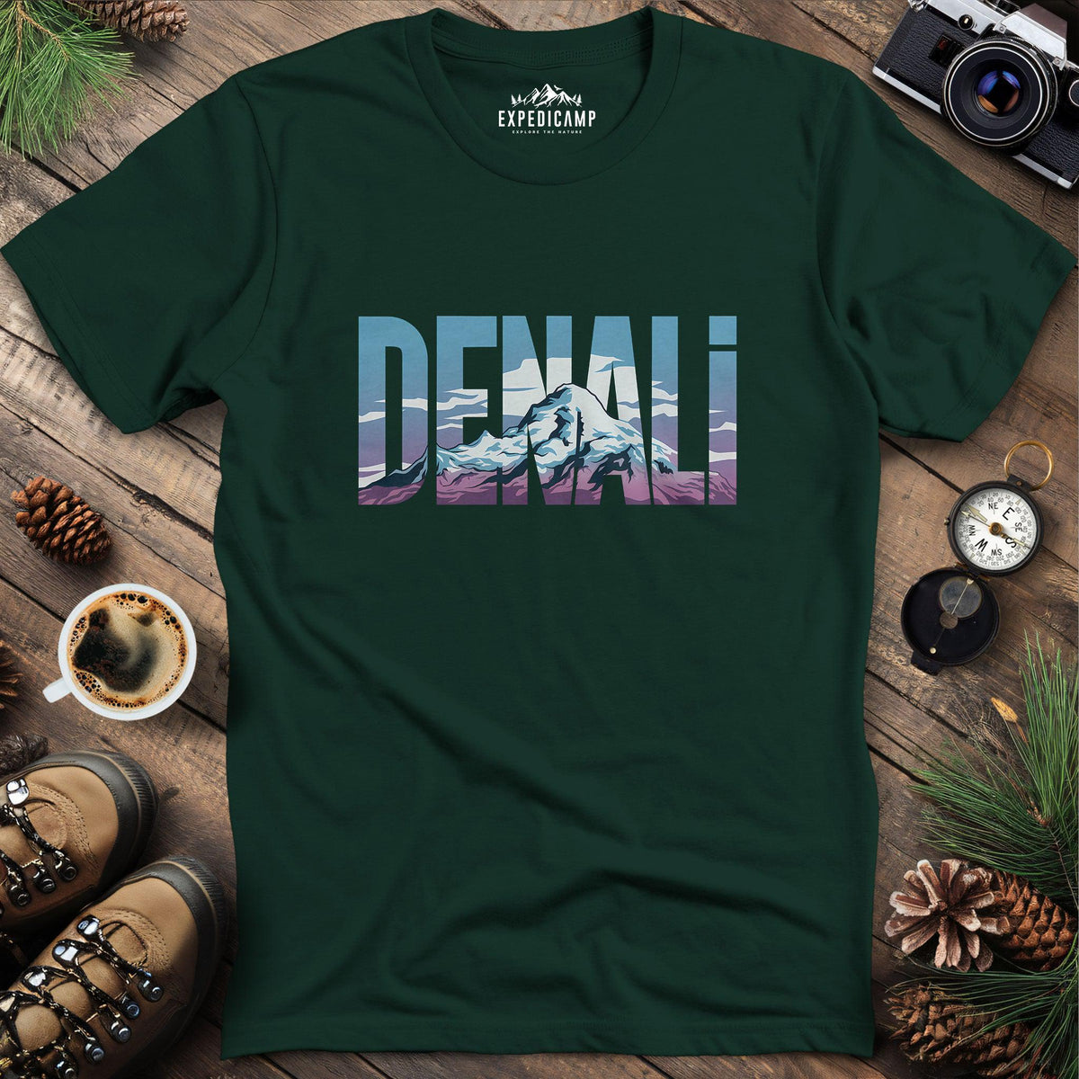 Denali Mountain T-Shirt – Forest Green – Outdoor apparel for travel, hiking, camping, and nature lovers – ExpediCamp