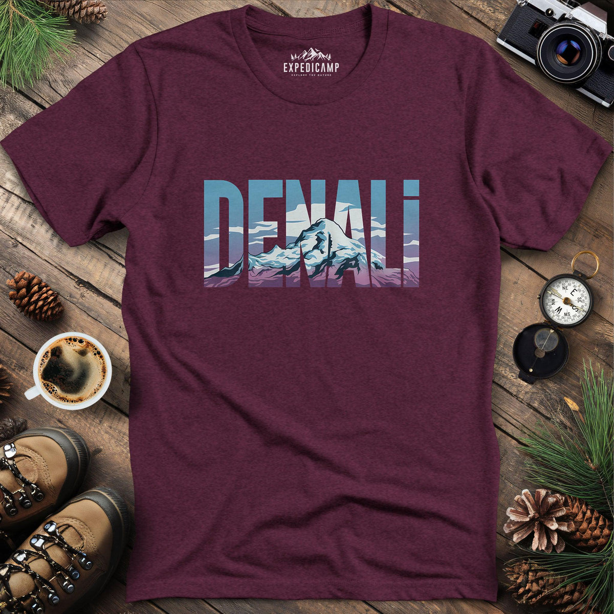 Denali Mountain T-Shirt – Heather Maroon – Outdoor apparel for travel, hiking, camping, and nature lovers – ExpediCamp
