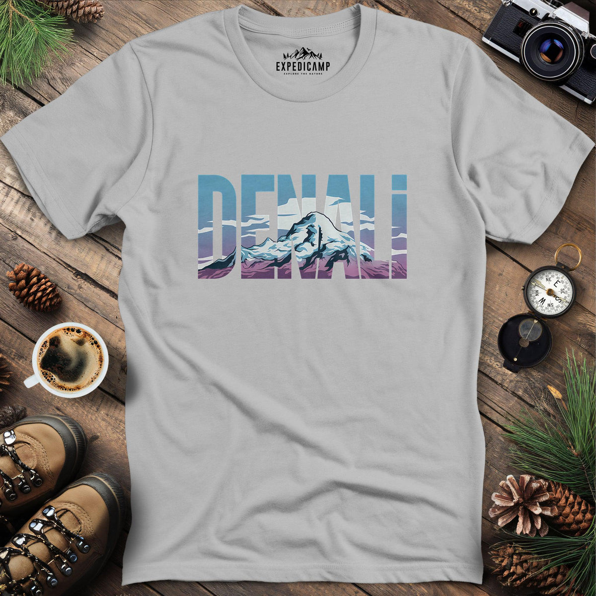 Denali Mountain T-Shirt – Ice Grey – Outdoor apparel for travel, hiking, camping, and nature lovers – ExpediCamp