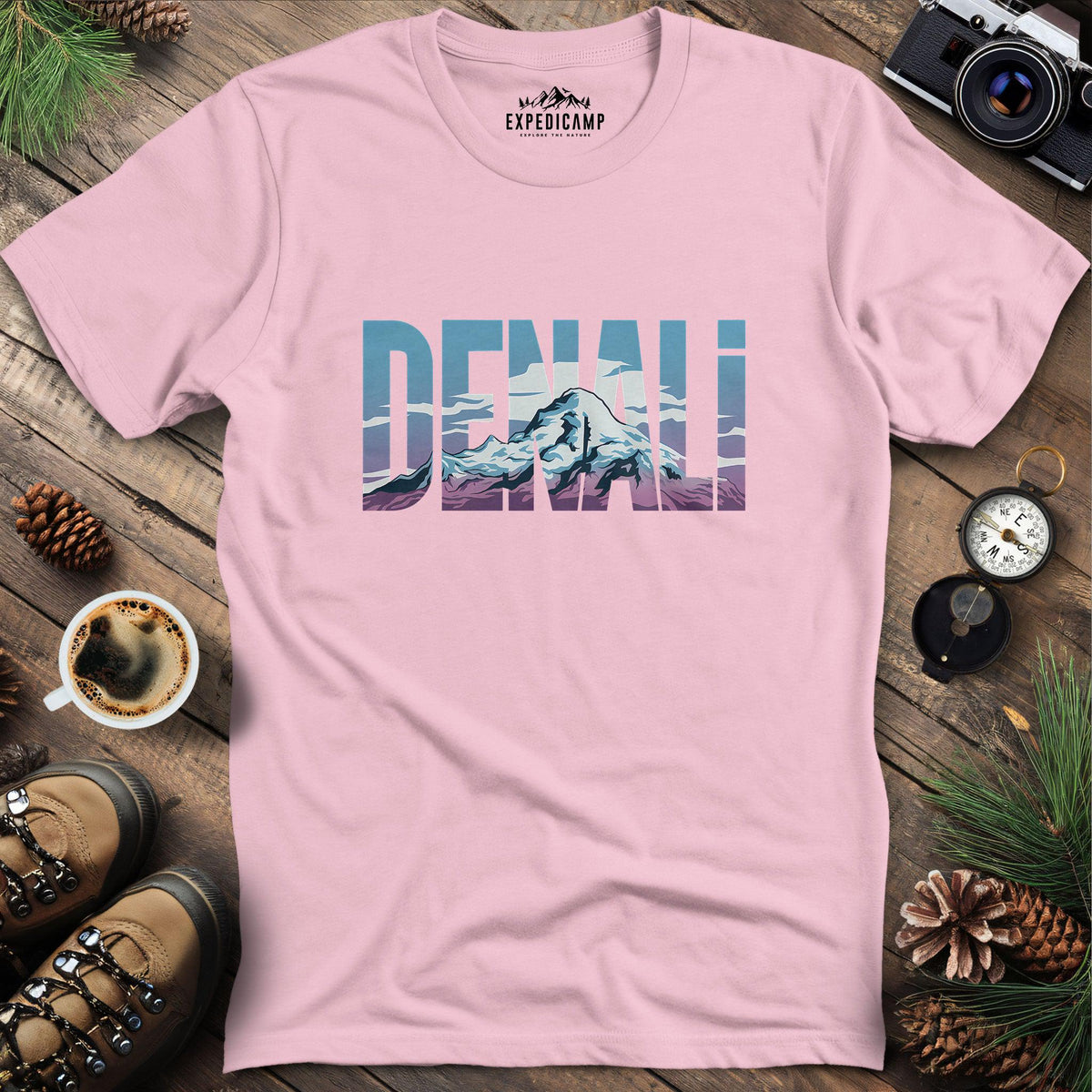 Denali Mountain T-Shirt – Light Pink – Outdoor apparel for travel, hiking, camping, and nature lovers – ExpediCamp