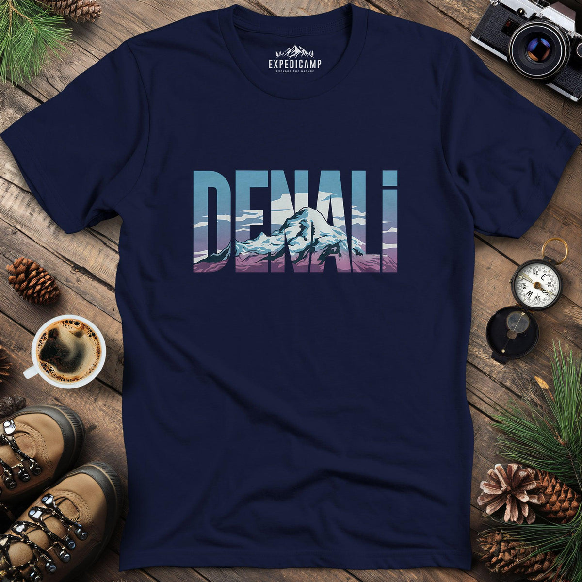 Denali Mountain T-Shirt – Navy – Outdoor apparel for travel, hiking, camping, and nature lovers – ExpediCamp