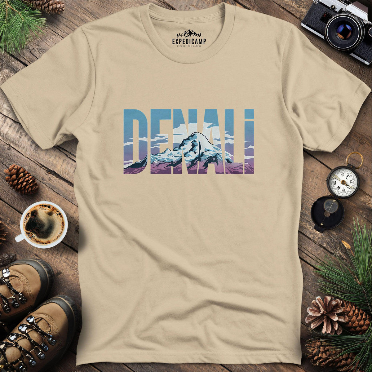 Denali Mountain T-Shirt – Sand – Outdoor apparel for travel, hiking, camping, and nature lovers – ExpediCamp