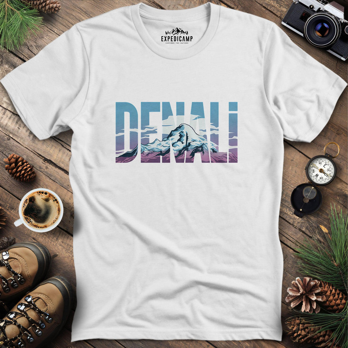 Denali Mountain T-Shirt – White – Outdoor apparel for travel, hiking, camping, and nature lovers – ExpediCamp