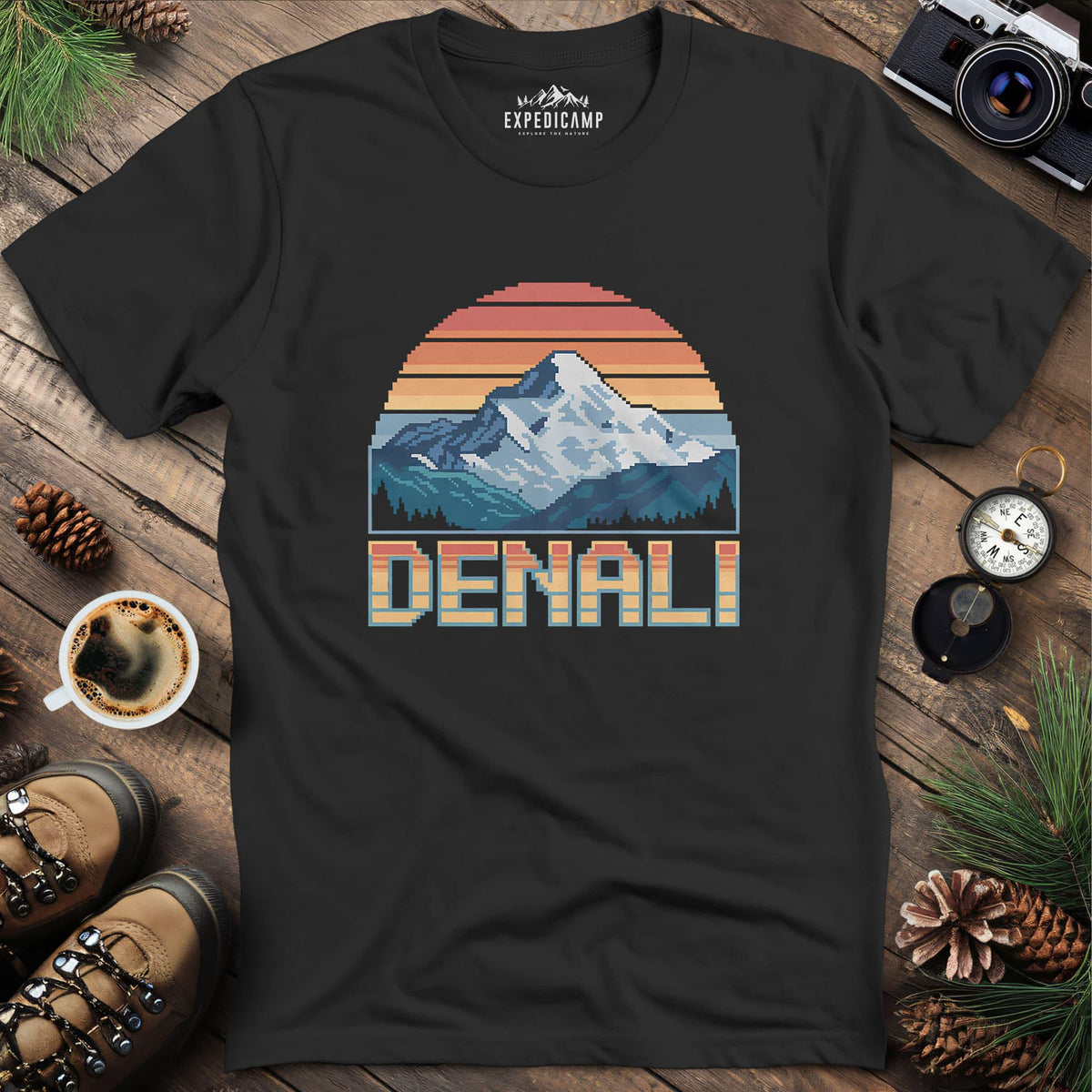 Denali Pixel Art T-Shirt – Black – Outdoor apparel for travel, hiking, camping, and nature lovers – ExpediCamp