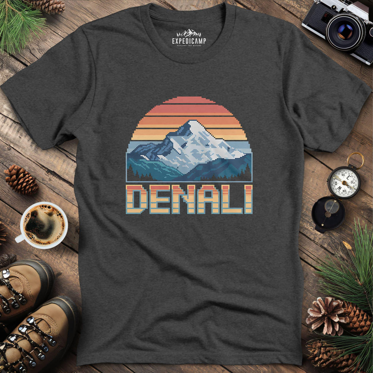 Denali Pixel Art T-Shirt – Dark Heather – Outdoor apparel for travel, hiking, camping, and nature lovers – ExpediCamp