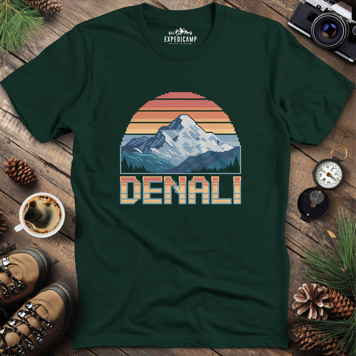 Denali Pixel Art T-Shirt – Forest Green – Outdoor apparel for travel, hiking, camping, and nature lovers – ExpediCamp