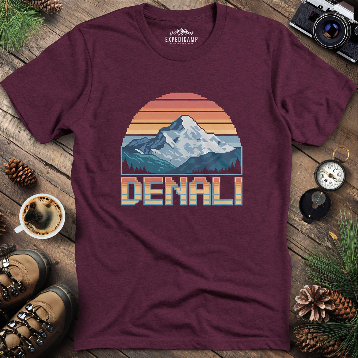 Denali Pixel Art T-Shirt – Heather Maroon – Outdoor apparel for travel, hiking, camping, and nature lovers – ExpediCamp