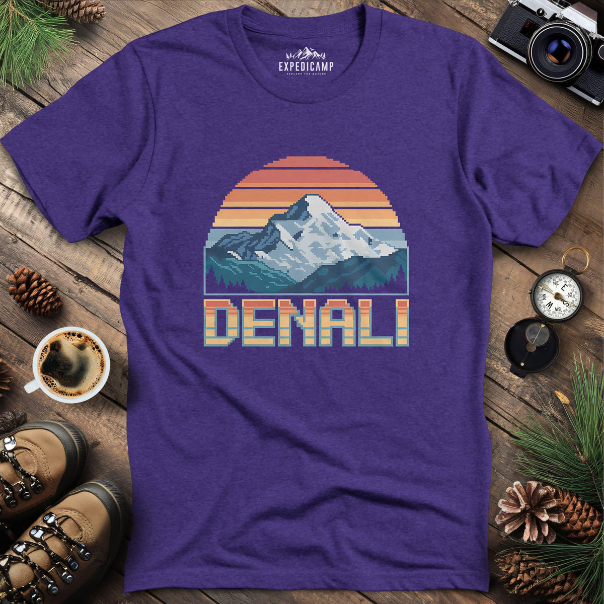 Denali Pixel Art T-Shirt – Heather Purple – Outdoor apparel for travel, hiking, camping, and nature lovers – ExpediCamp