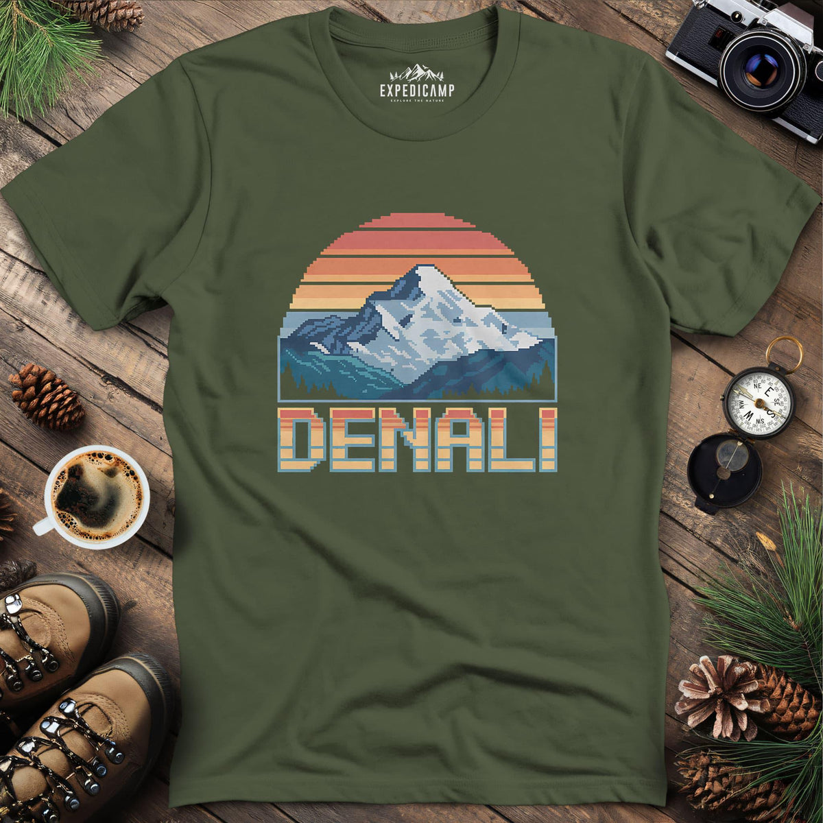 Denali Pixel Art T-Shirt – Military Green – Outdoor apparel for travel, hiking, camping, and nature lovers – ExpediCamp