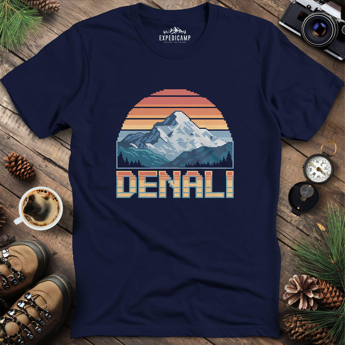 Denali Pixel Art T-Shirt – Navy – Outdoor apparel for travel, hiking, camping, and nature lovers – ExpediCamp