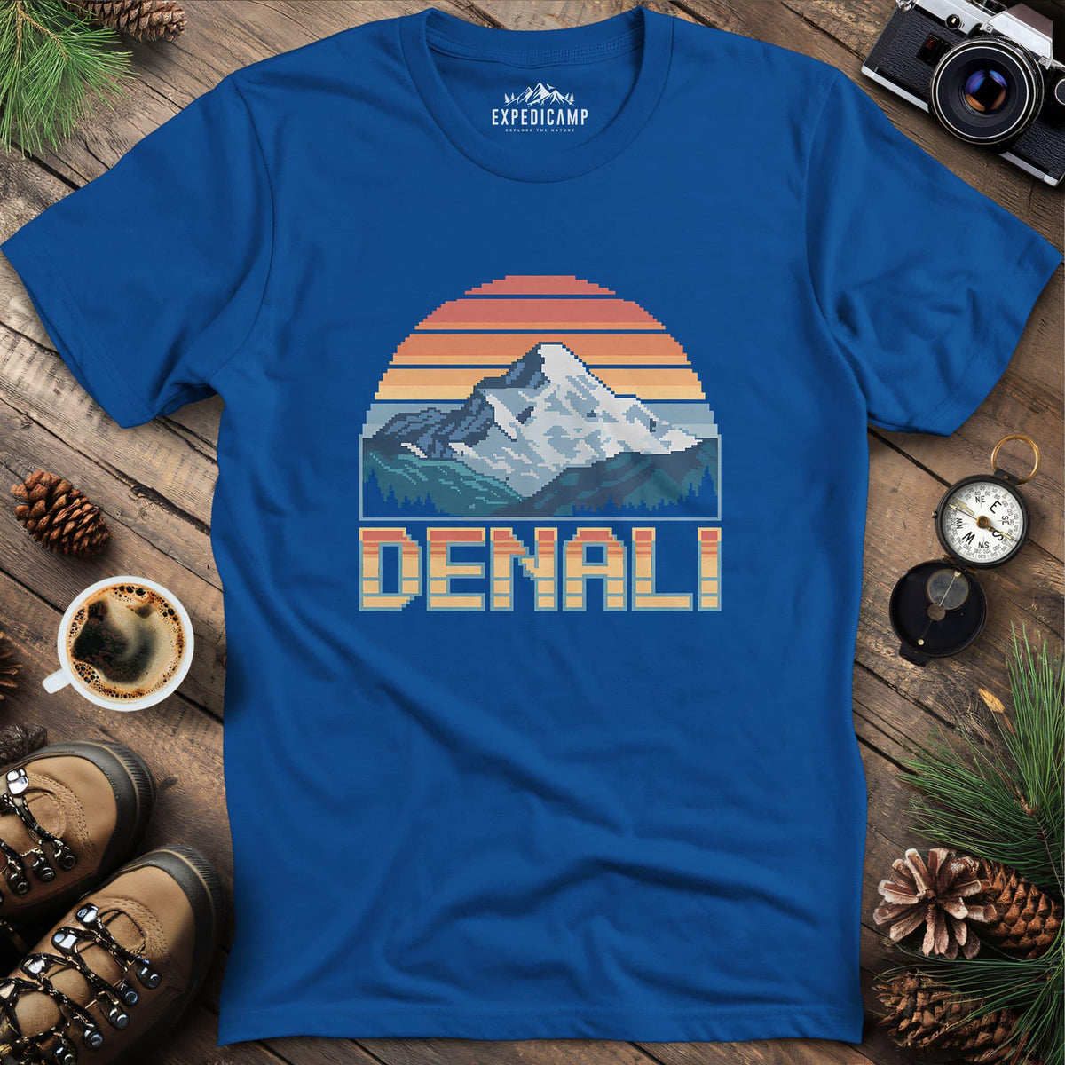 Denali Pixel Art T-Shirt – Royal – Outdoor apparel for travel, hiking, camping, and nature lovers – ExpediCamp