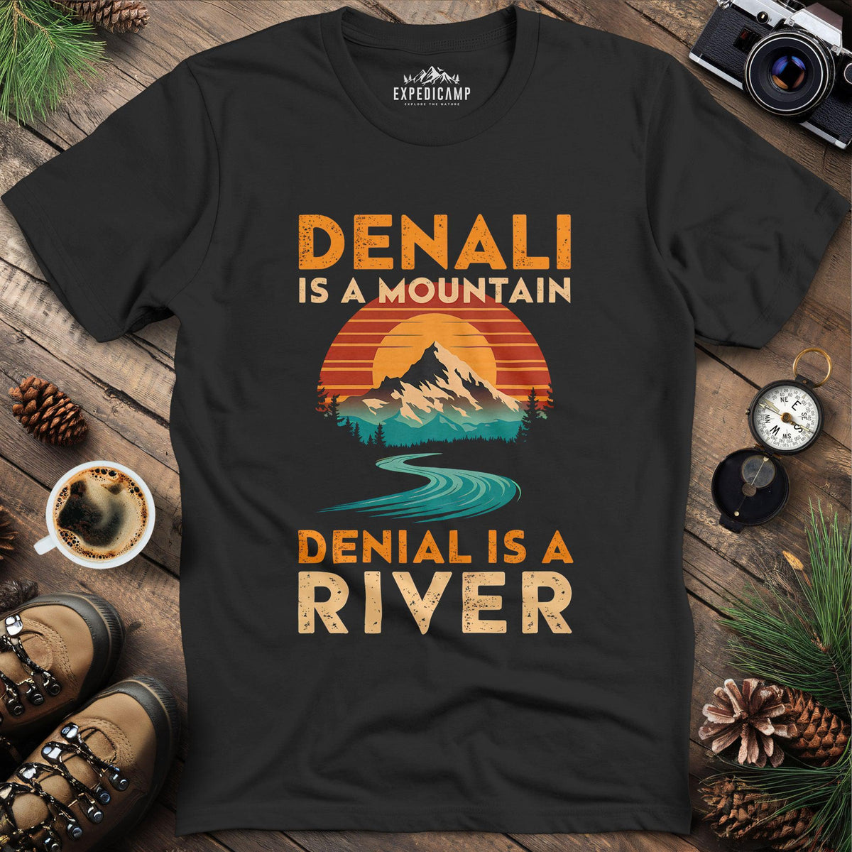 Denali vs Denial T-Shirt – Black – Outdoor apparel for travel, hiking, camping, and nature lovers – ExpediCamp