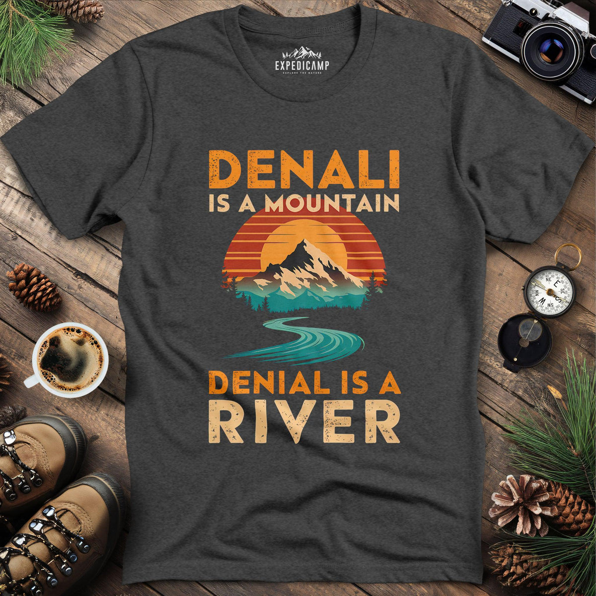 Denali vs Denial T-Shirt – Dark Heather – Outdoor apparel for travel, hiking, camping, and nature lovers – ExpediCamp