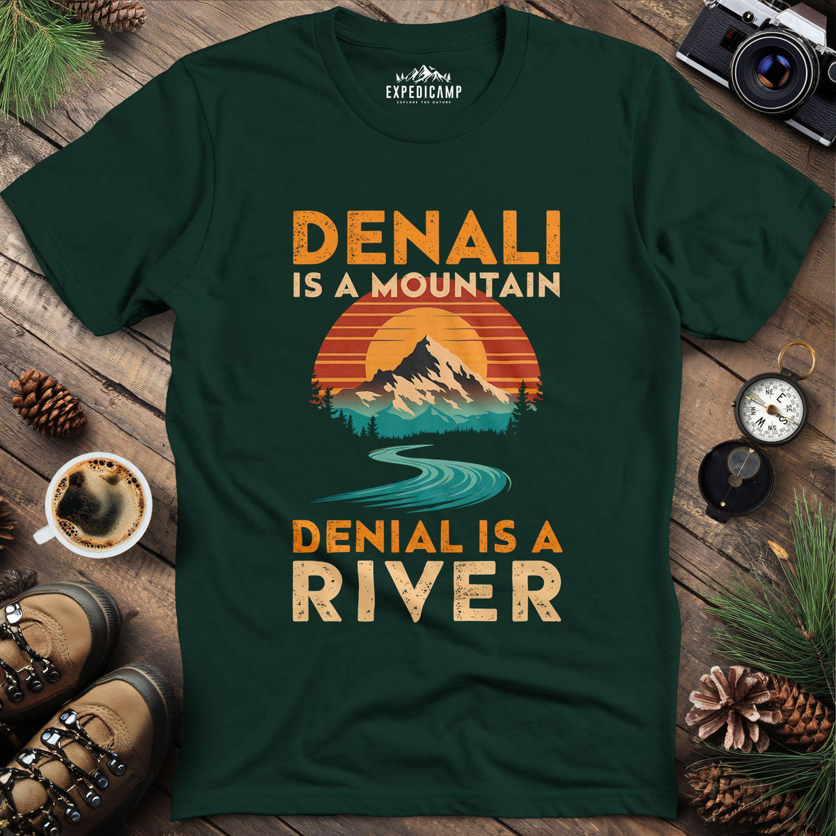 Denali vs Denial T-Shirt – Forest Green – Outdoor apparel for travel, hiking, camping, and nature lovers – ExpediCamp