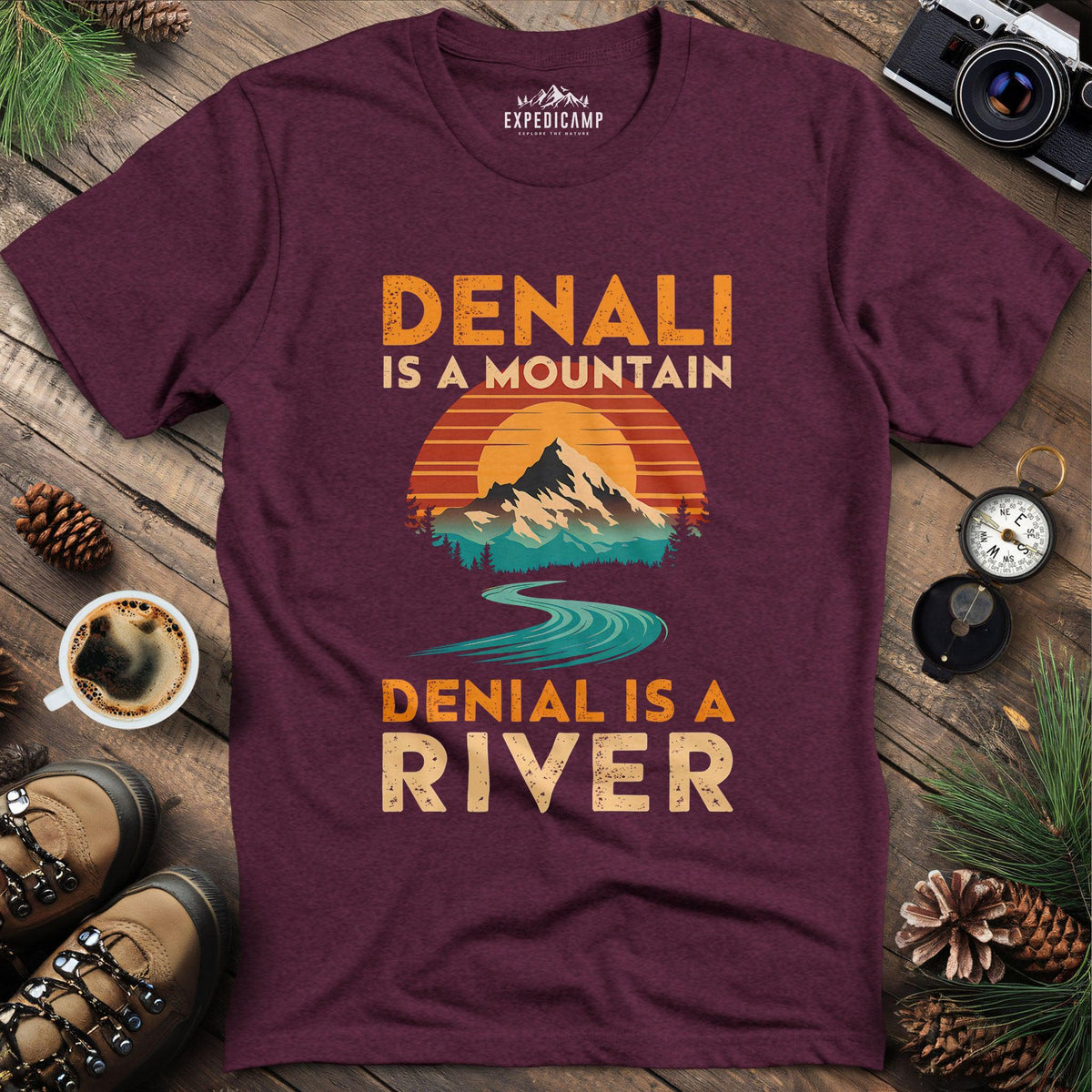 Denali vs Denial T-Shirt – Heather Maroon – Outdoor apparel for travel, hiking, camping, and nature lovers – ExpediCamp