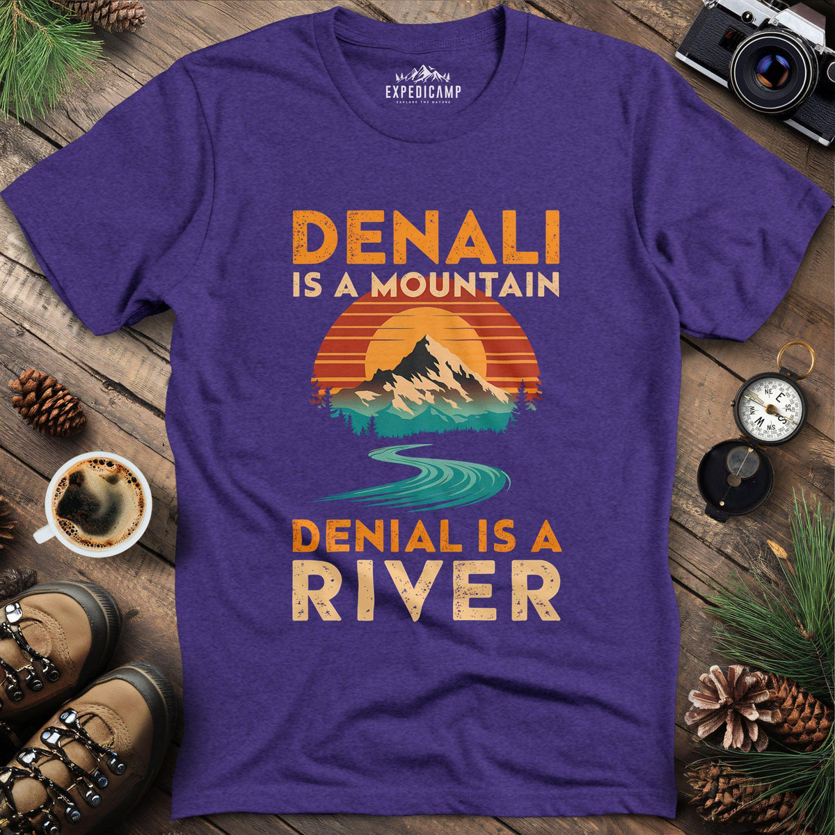 Denali vs Denial T-Shirt – Heather Purple – Outdoor apparel for travel, hiking, camping, and nature lovers – ExpediCamp