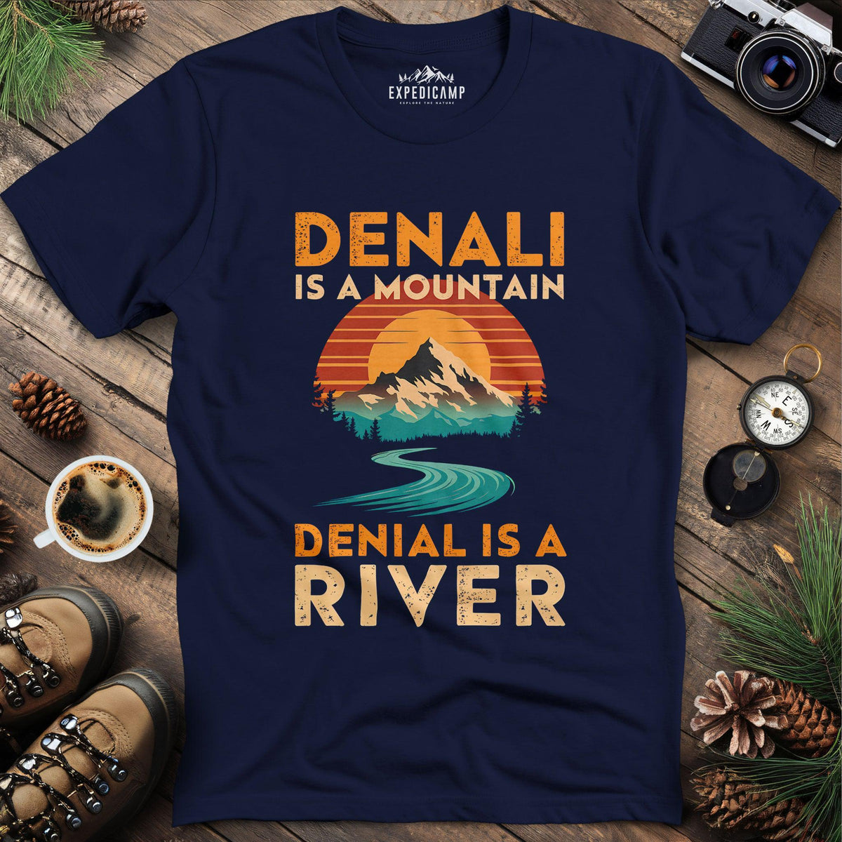 Denali vs Denial T-Shirt – Navy – Outdoor apparel for travel, hiking, camping, and nature lovers – ExpediCamp