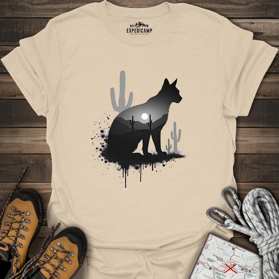 Desert Bobcat Sunset T-Shirt – Sand – Outdoor apparel for travel, hiking, camping, and nature lovers – ExpediCamp
