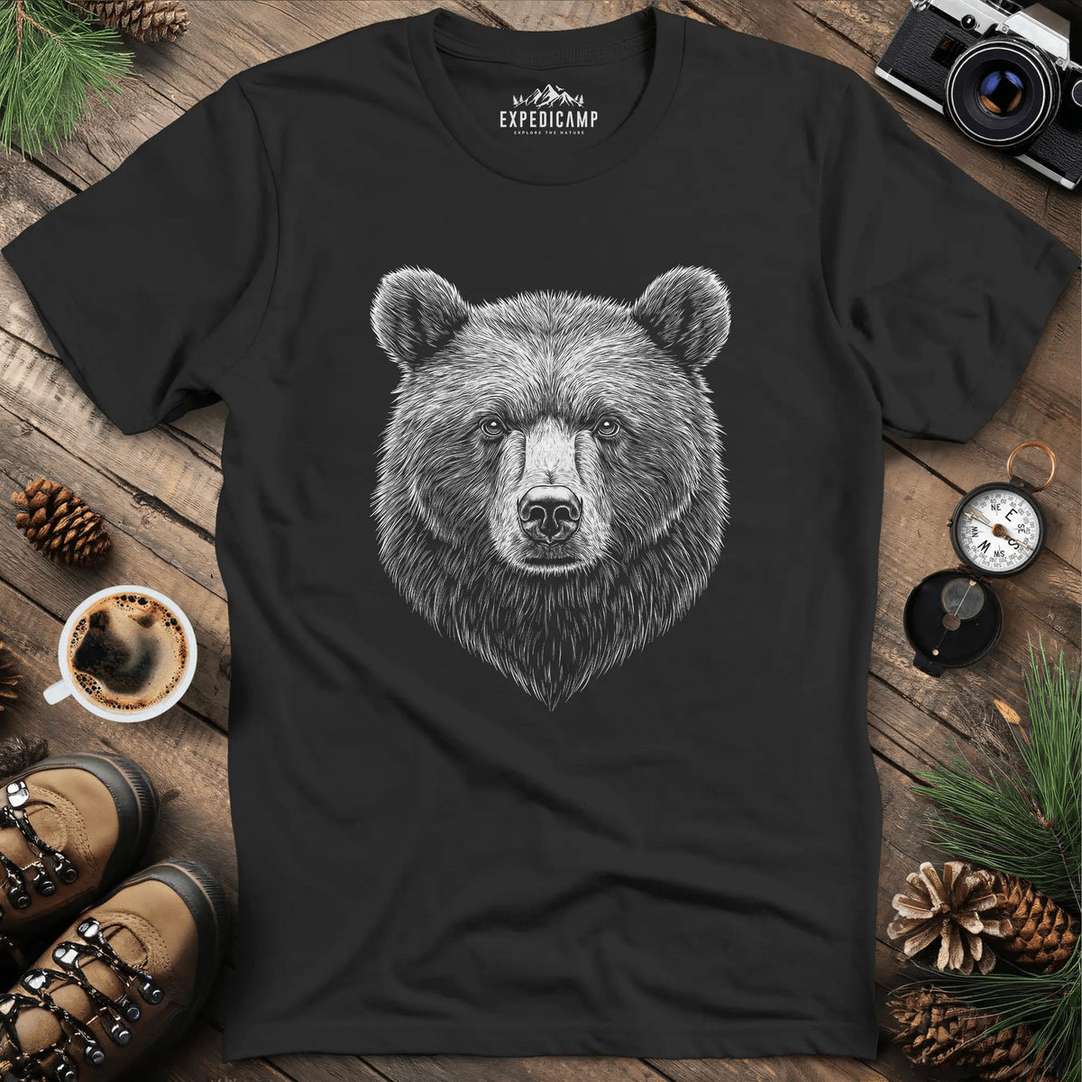 Detailed Bear Illustration T-Shirt – Black – Outdoor apparel for travel, hiking, camping, and nature lovers – ExpediCamp