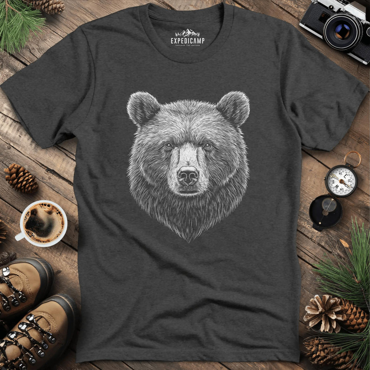 Detailed Bear Illustration T-Shirt – Dark Heather – Outdoor apparel for travel, hiking, camping, and nature lovers – ExpediCamp