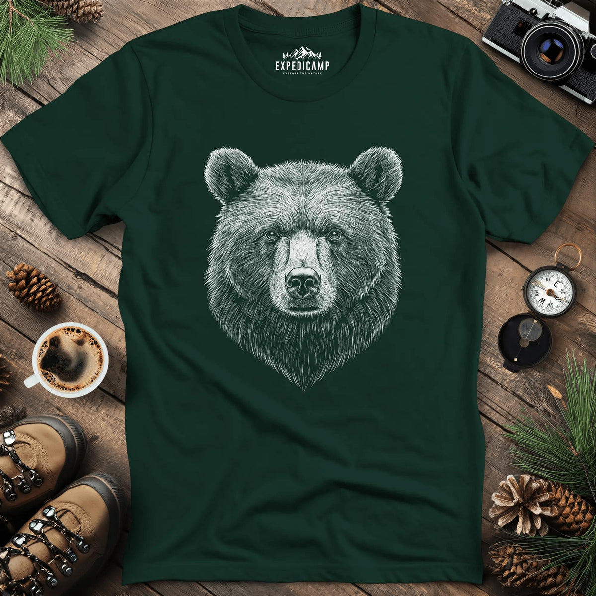 Detailed Bear Illustration T-Shirt – Forest Green – Outdoor apparel for travel, hiking, camping, and nature lovers – ExpediCamp