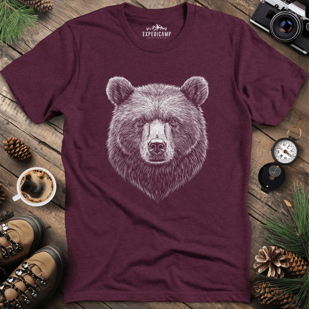 Detailed Bear Illustration T-Shirt – Heather Maroon – Outdoor apparel for travel, hiking, camping, and nature lovers – ExpediCamp