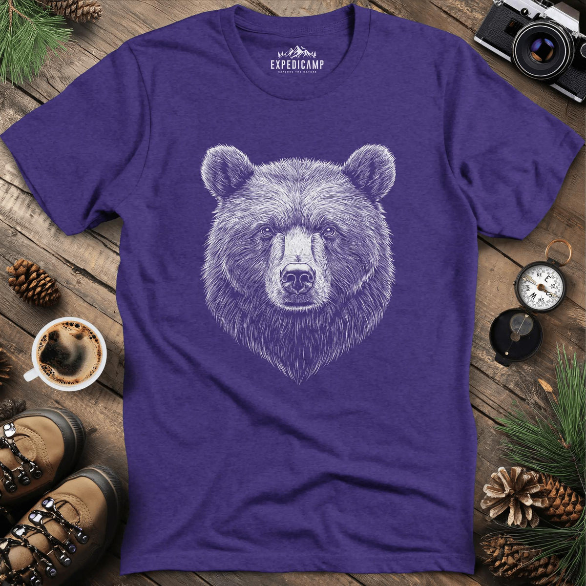 Detailed Bear Illustration T-Shirt – Heather Purple – Outdoor apparel for travel, hiking, camping, and nature lovers – ExpediCamp