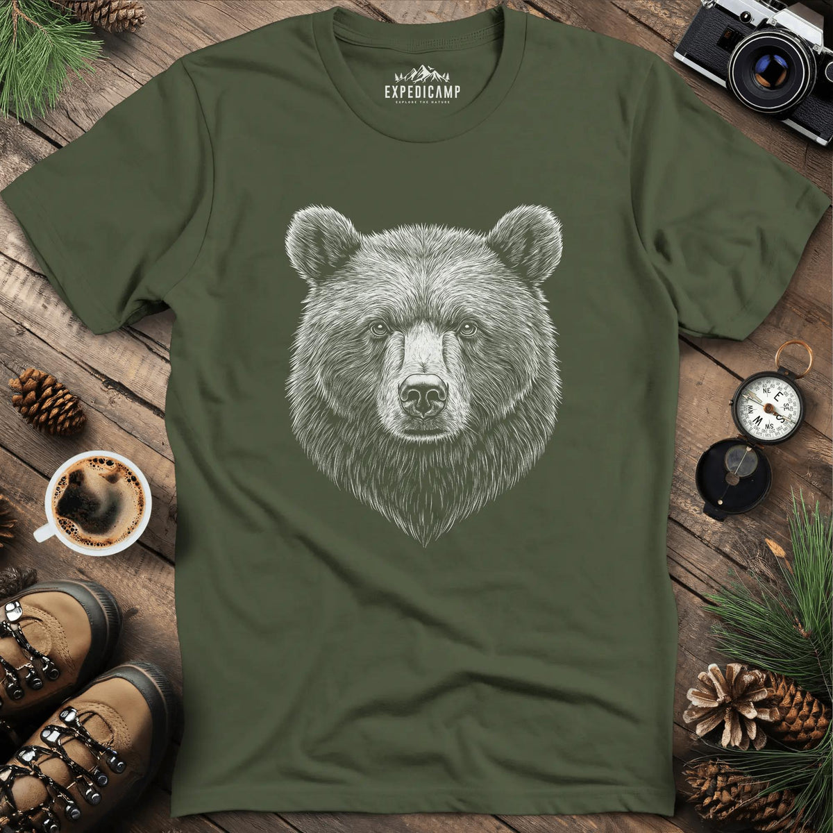 Detailed Bear Illustration T-Shirt – Military Green – Outdoor apparel for travel, hiking, camping, and nature lovers – ExpediCamp
