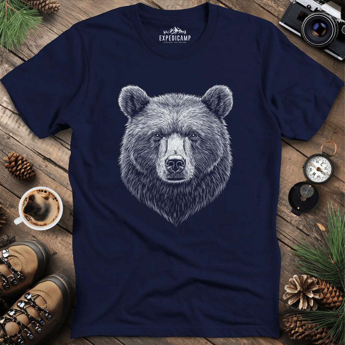 Detailed Bear Illustration T-Shirt – Navy – Outdoor apparel for travel, hiking, camping, and nature lovers – ExpediCamp