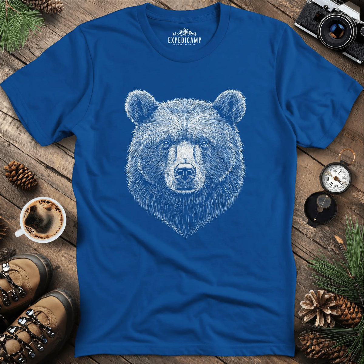 Detailed Bear Illustration T-Shirt – Royal – Outdoor apparel for travel, hiking, camping, and nature lovers – ExpediCamp