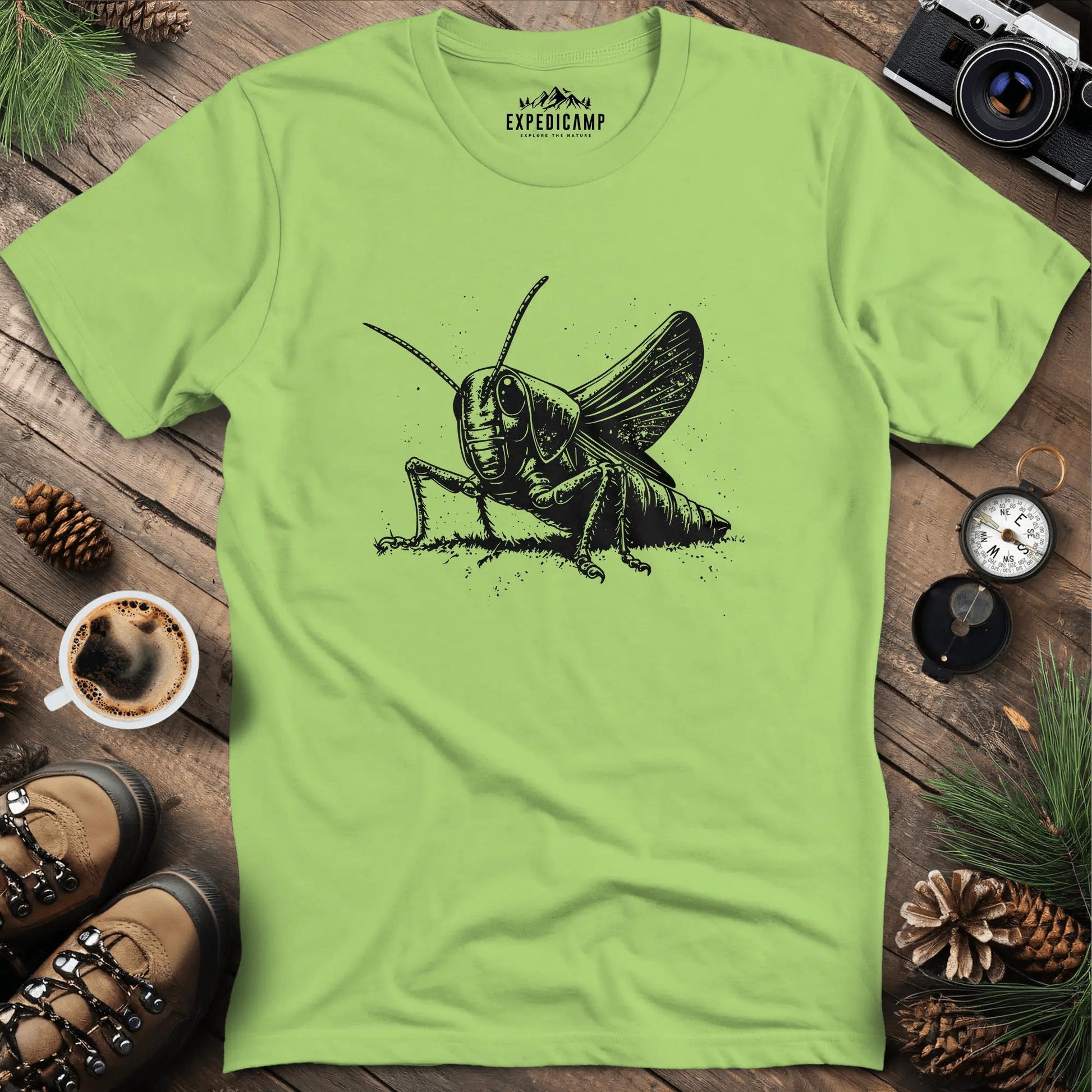 Detailed Grasshopper Illustration T-Shirt – Kiwi – Outdoor apparel for travel, hiking, camping, and nature lovers – ExpediCamp