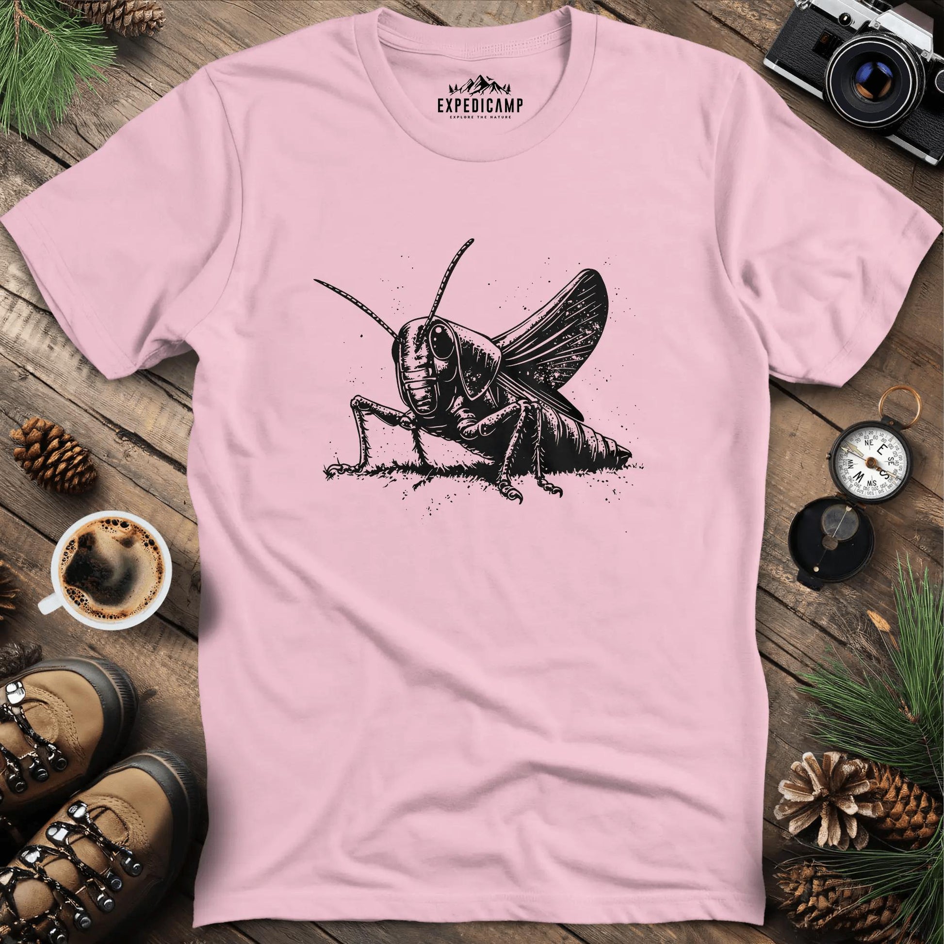 Detailed Grasshopper Illustration T-Shirt – Light Pink – Outdoor apparel for travel, hiking, camping, and nature lovers – ExpediCamp