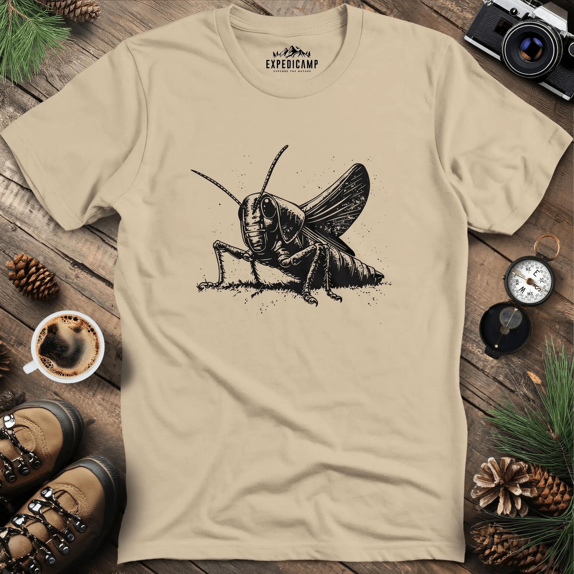 Detailed Grasshopper Illustration T-Shirt – Sand – Outdoor apparel for travel, hiking, camping, and nature lovers – ExpediCamp