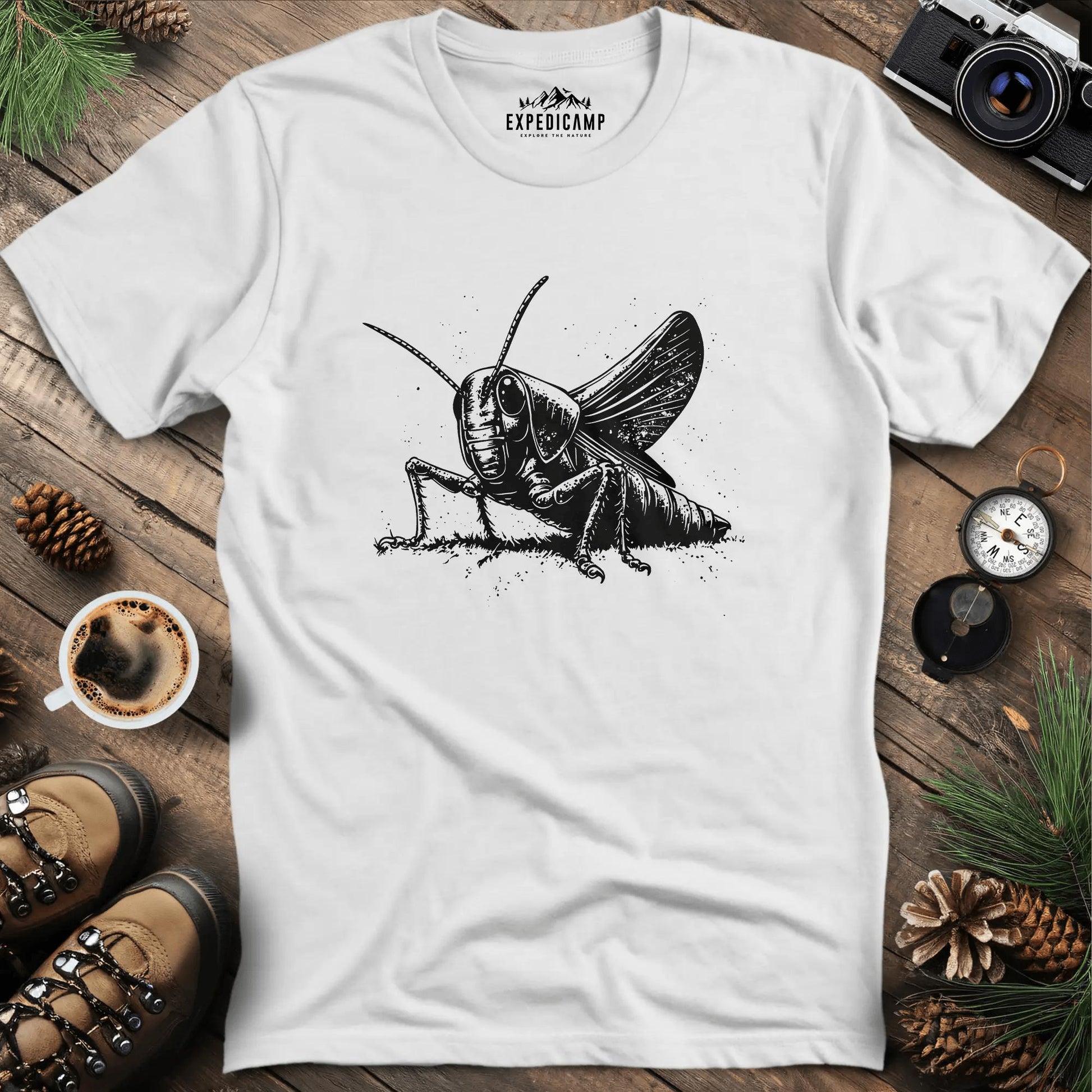 Detailed Grasshopper Illustration T-Shirt – White – Outdoor apparel for travel, hiking, camping, and nature lovers – ExpediCamp