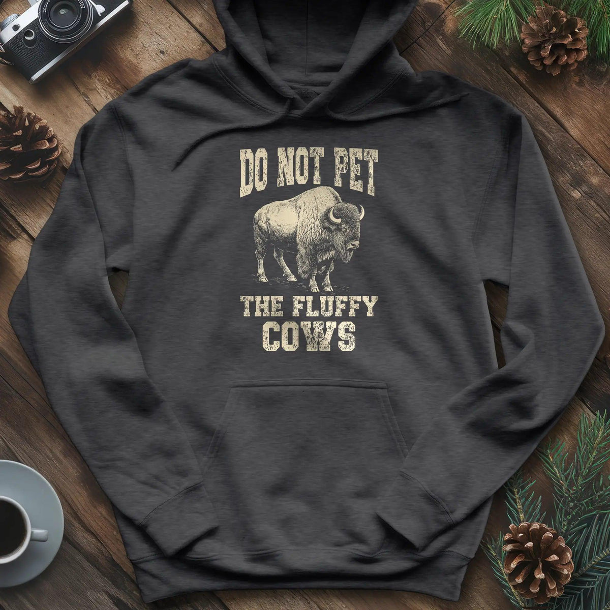 Do Not Pet The Fluffy Cows Hoodie – Dark Heather – Outdoor apparel for travel, hiking, camping, and nature lovers – ExpediCamp