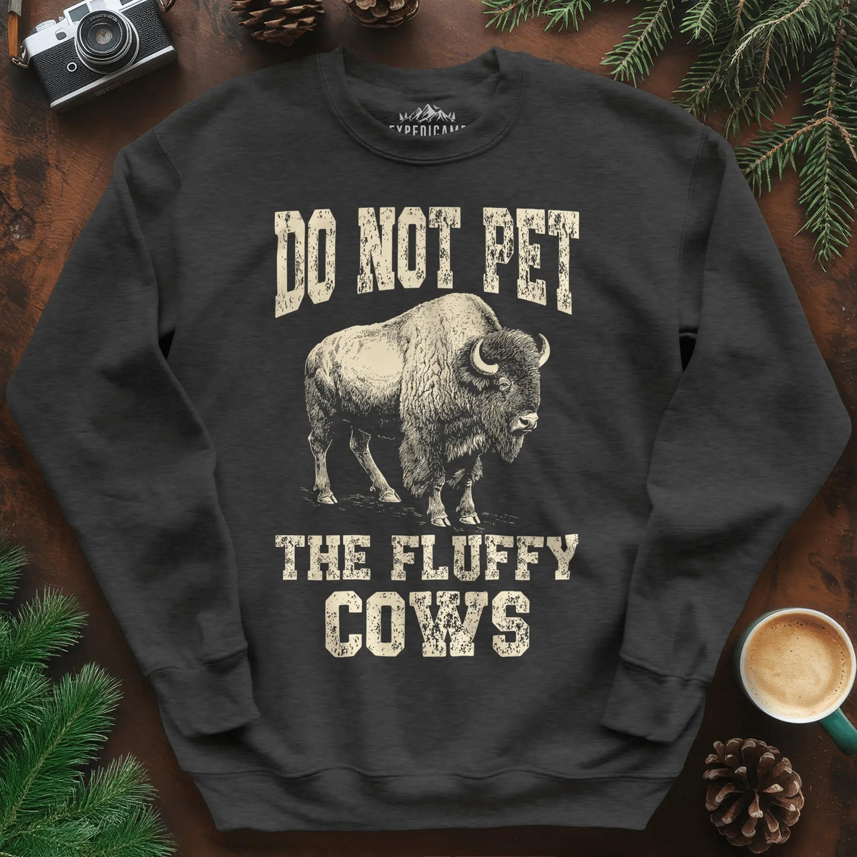 Do Not Pet The Fluffy Cows Sweatshirt – Dark Heather – Outdoor apparel for travel, hiking, camping, and nature lovers – ExpediCamp