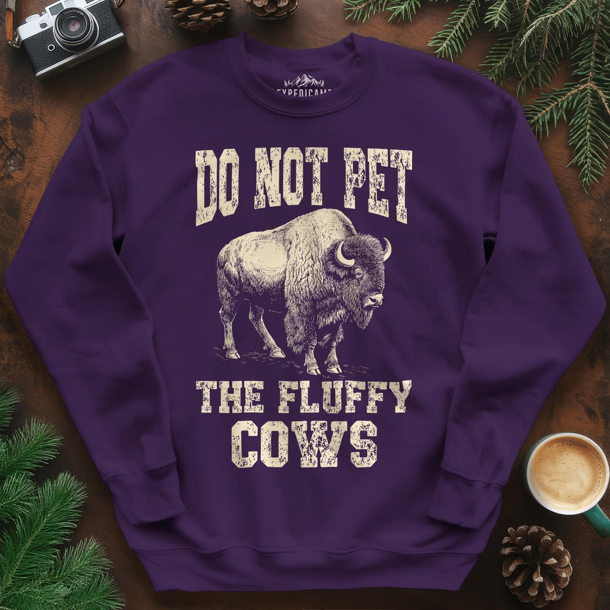 Do Not Pet The Fluffy Cows Sweatshirt – Purple – Outdoor apparel for travel, hiking, camping, and nature lovers – ExpediCamp