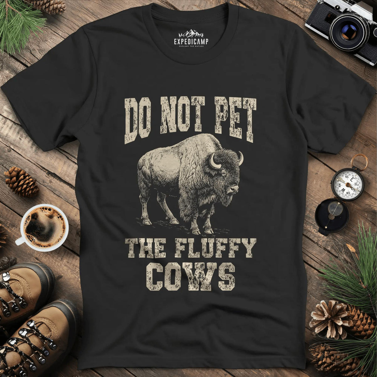 Do Not Pet The Fluffy Cows T-Shirt – Black – Outdoor apparel for travel, hiking, camping, and nature lovers – ExpediCamp