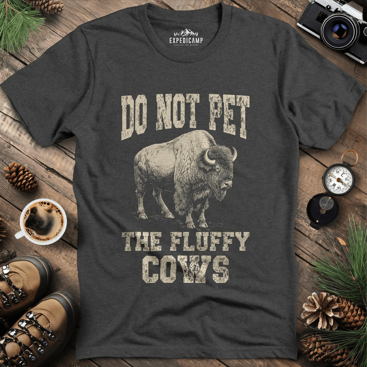 Do Not Pet The Fluffy Cows T-Shirt – Dark Heather – Outdoor apparel for travel, hiking, camping, and nature lovers – ExpediCamp