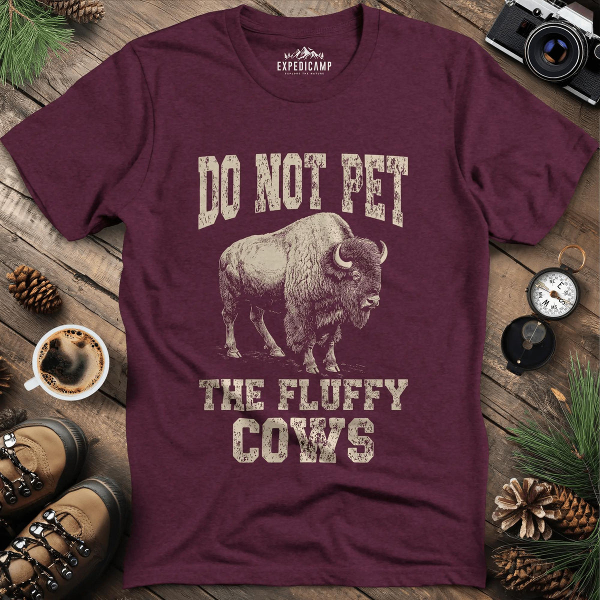 Do Not Pet The Fluffy Cows T-Shirt – Heather Maroon – Outdoor apparel for travel, hiking, camping, and nature lovers – ExpediCamp