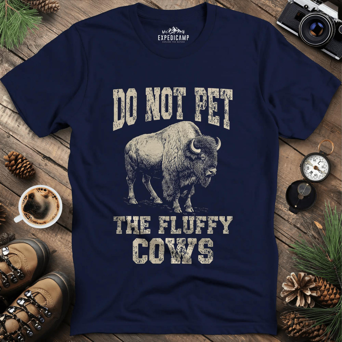 Do Not Pet The Fluffy Cows T-Shirt – Navy – Outdoor apparel for travel, hiking, camping, and nature lovers – ExpediCamp