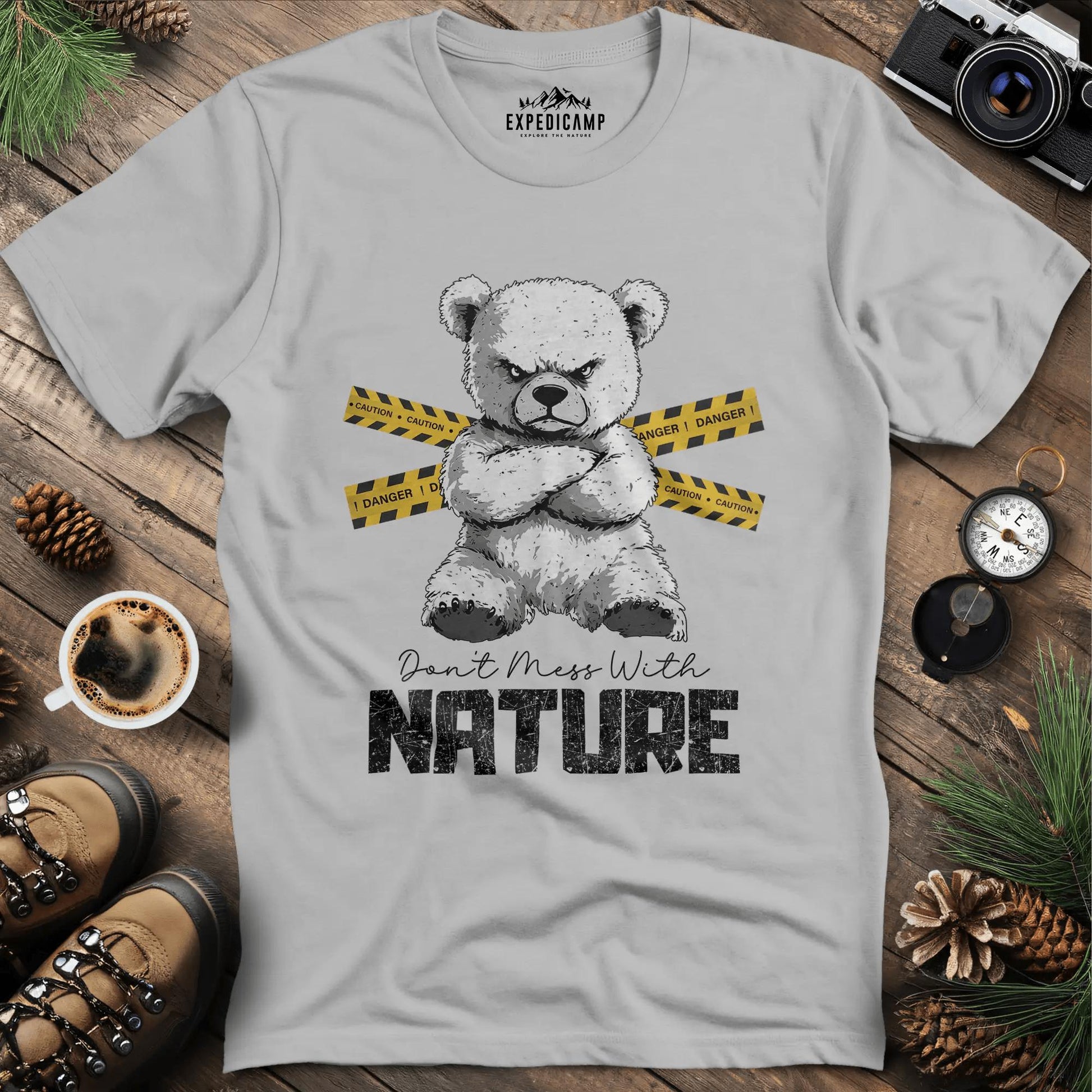 Don’t Mess With Nature (Caution) T-Shirt – Ice Grey – Outdoor apparel for travel, hiking, camping, and nature lovers – ExpediCamp