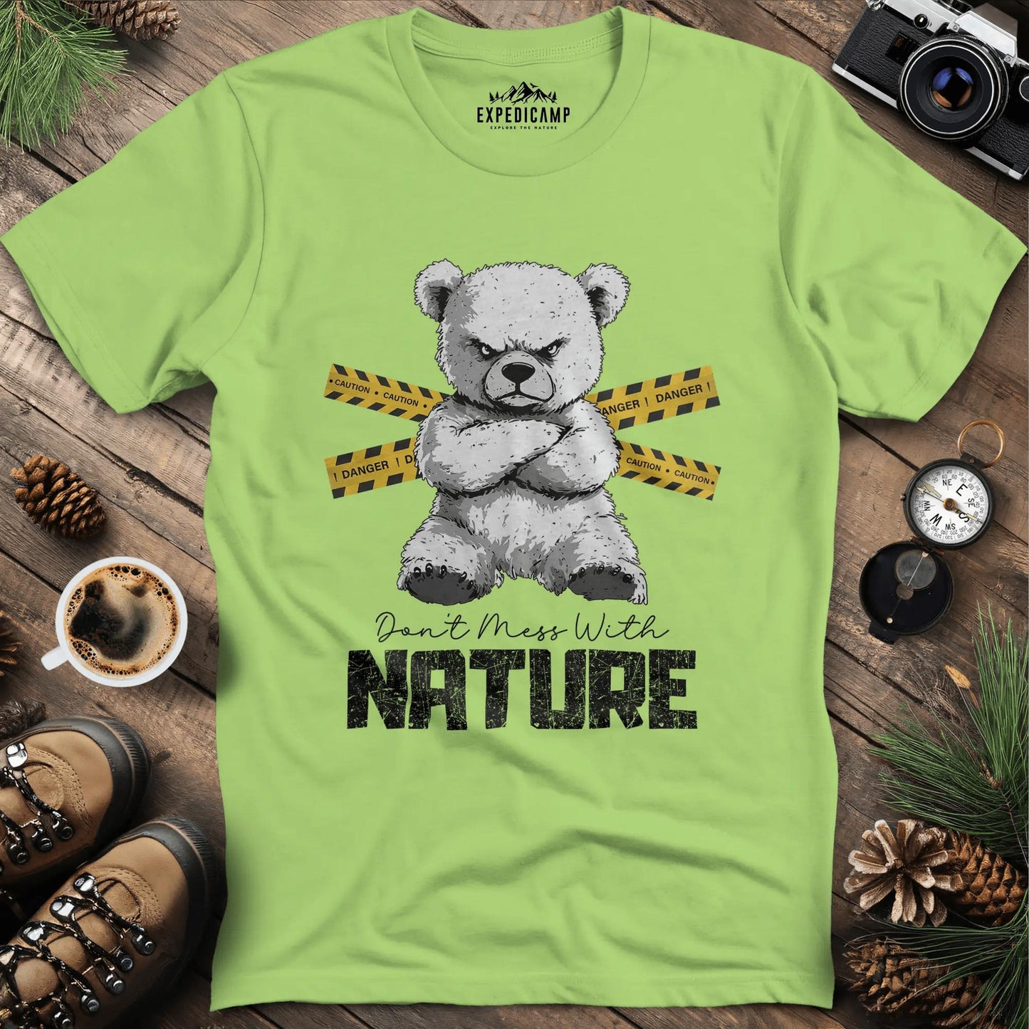 Don’t Mess With Nature (Caution) T-Shirt – Kiwi – Outdoor apparel for travel, hiking, camping, and nature lovers – ExpediCamp