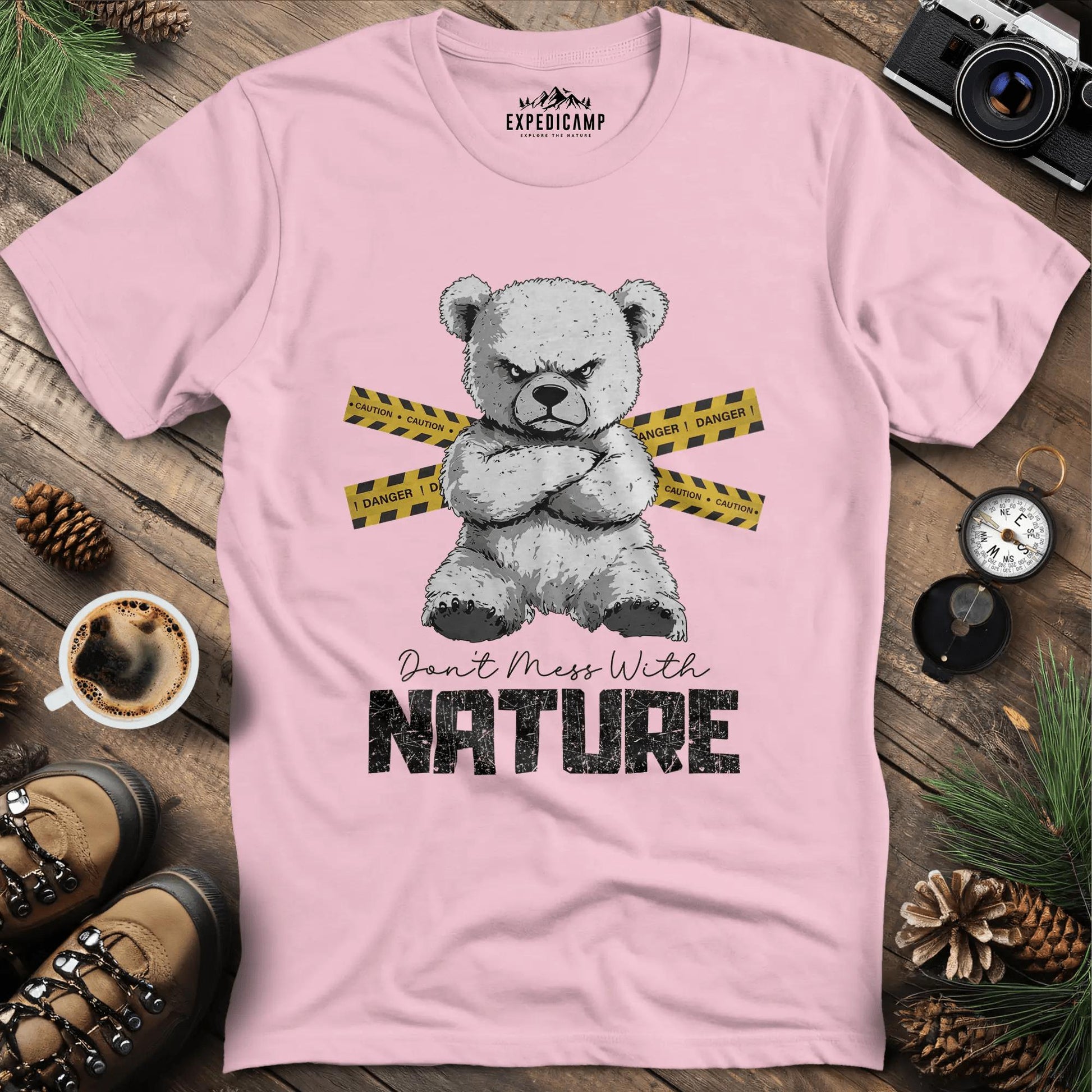 Don’t Mess With Nature (Caution) T-Shirt – Light Pink – Outdoor apparel for travel, hiking, camping, and nature lovers – ExpediCamp