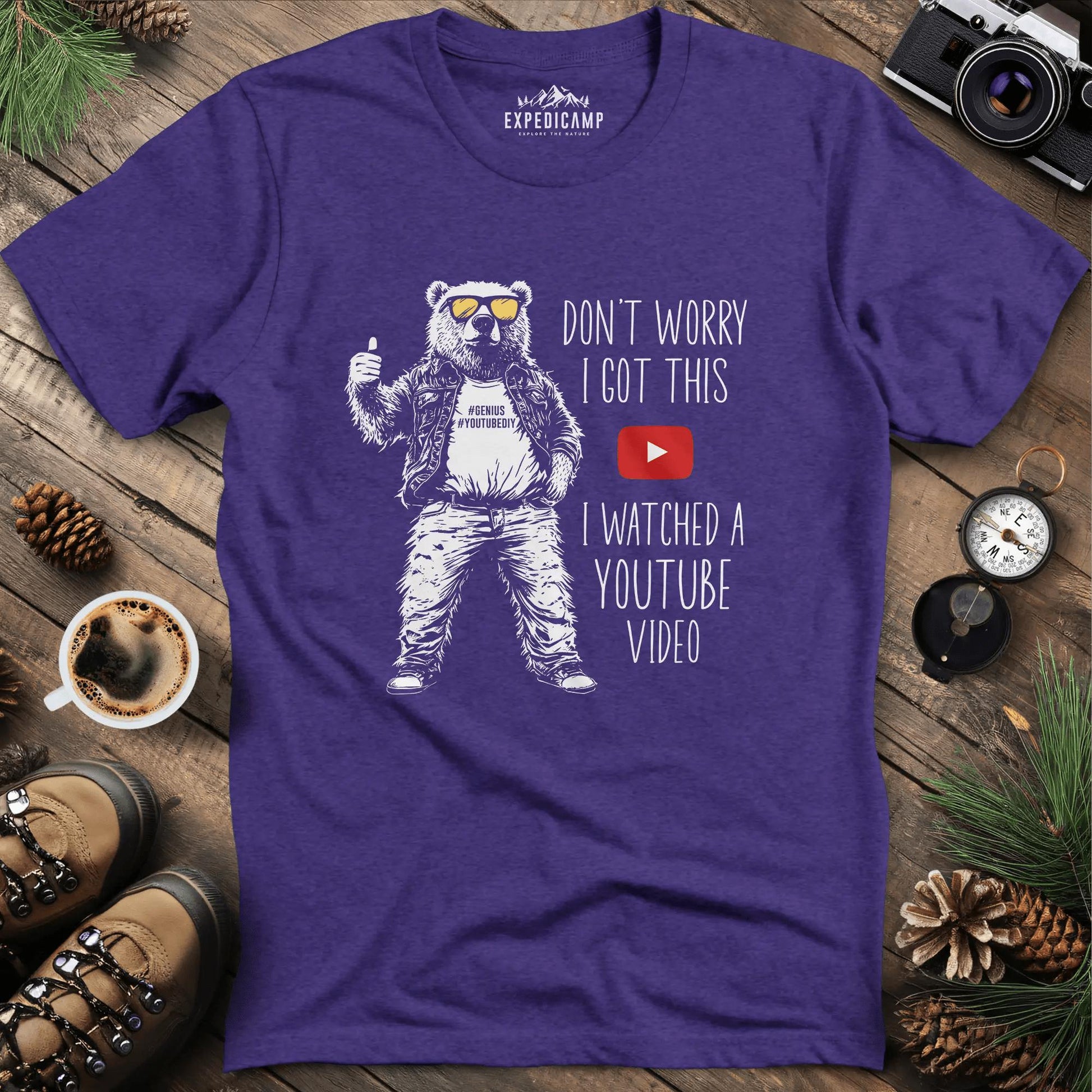 Don’t Worry I Got This YouTube Bear T-Shirt – Heather Purple – Outdoor apparel for travel, hiking, camping, and nature lovers – ExpediCamp