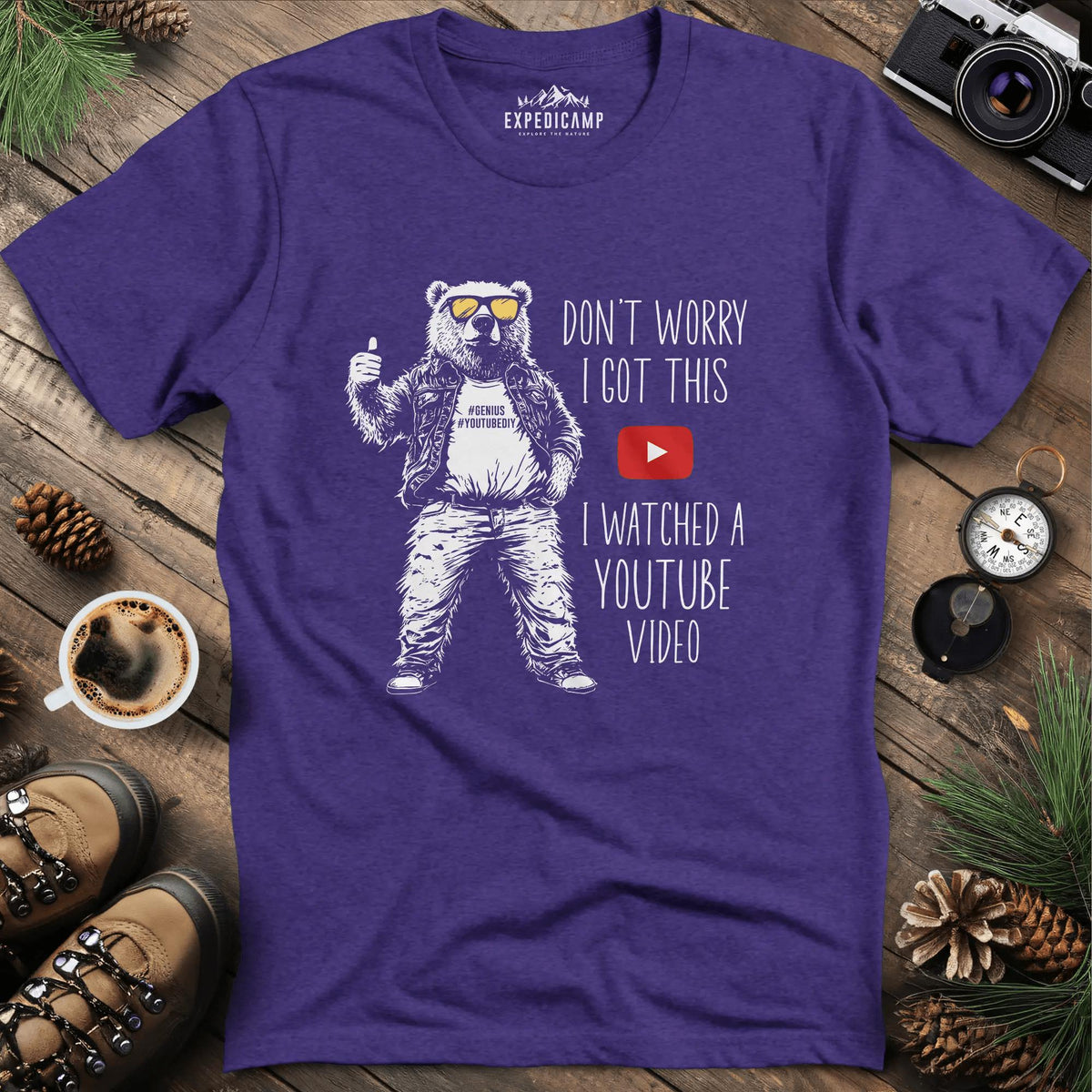 Don’t Worry I Got This YouTube Bear T-Shirt – Heather Purple – Outdoor apparel for travel, hiking, camping, and nature lovers – ExpediCamp