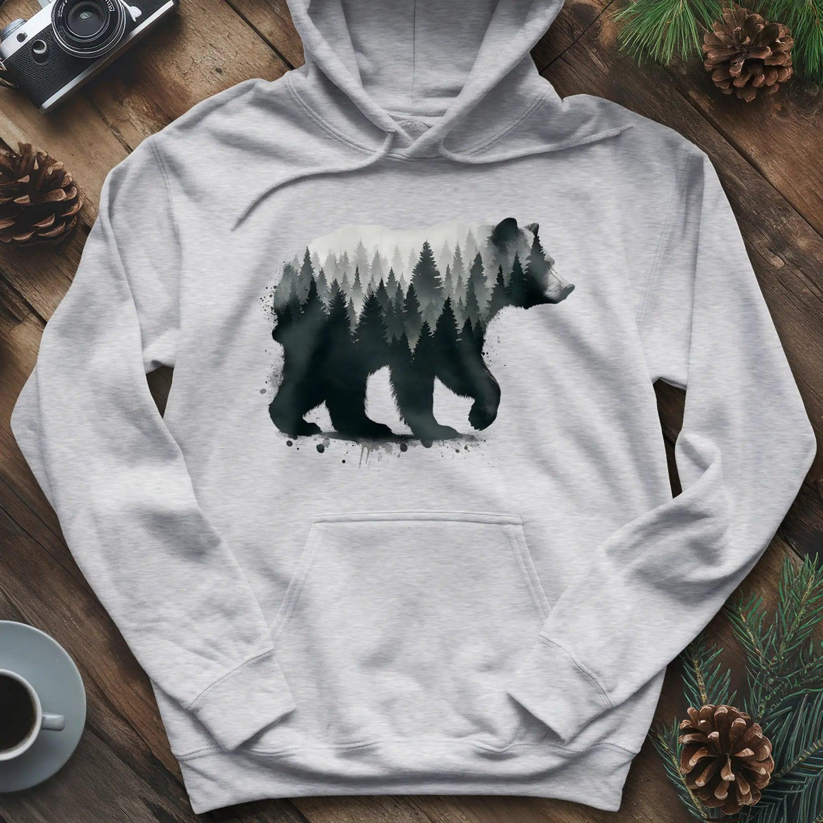 Double Exposure Bear Hoodie – Nature-Inspired Adventure Hoodie – Ash – Outdoor apparel for travel, hiking, camping, and nature lovers – ExpediCamp