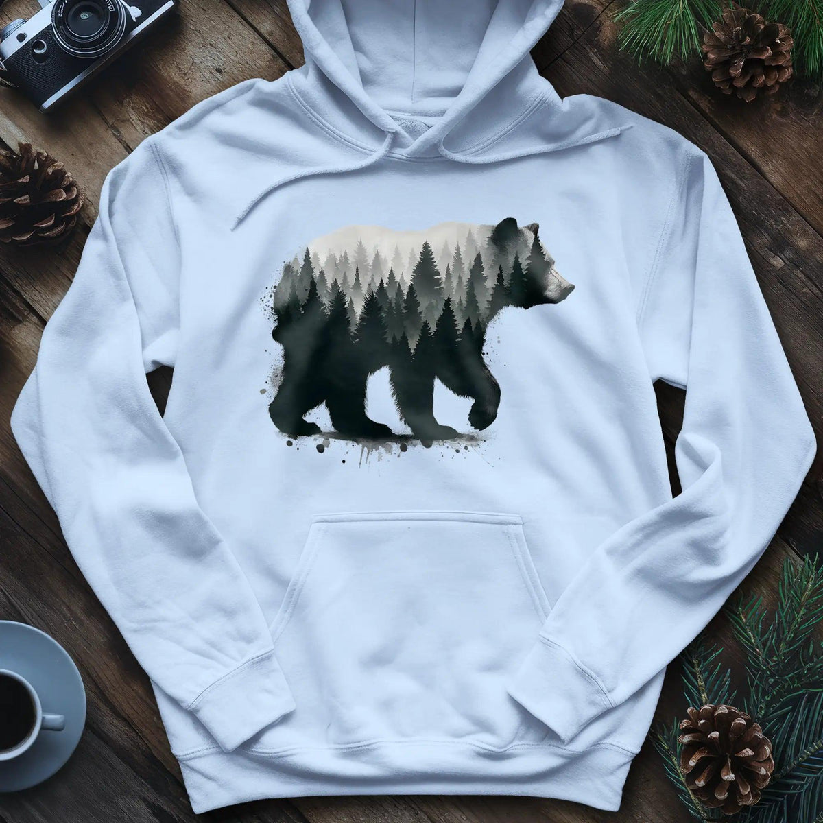 Double Exposure Bear Hoodie – Nature-Inspired Adventure Hoodie – Light Blue – Outdoor apparel for travel, hiking, camping, and nature lovers – ExpediCamp